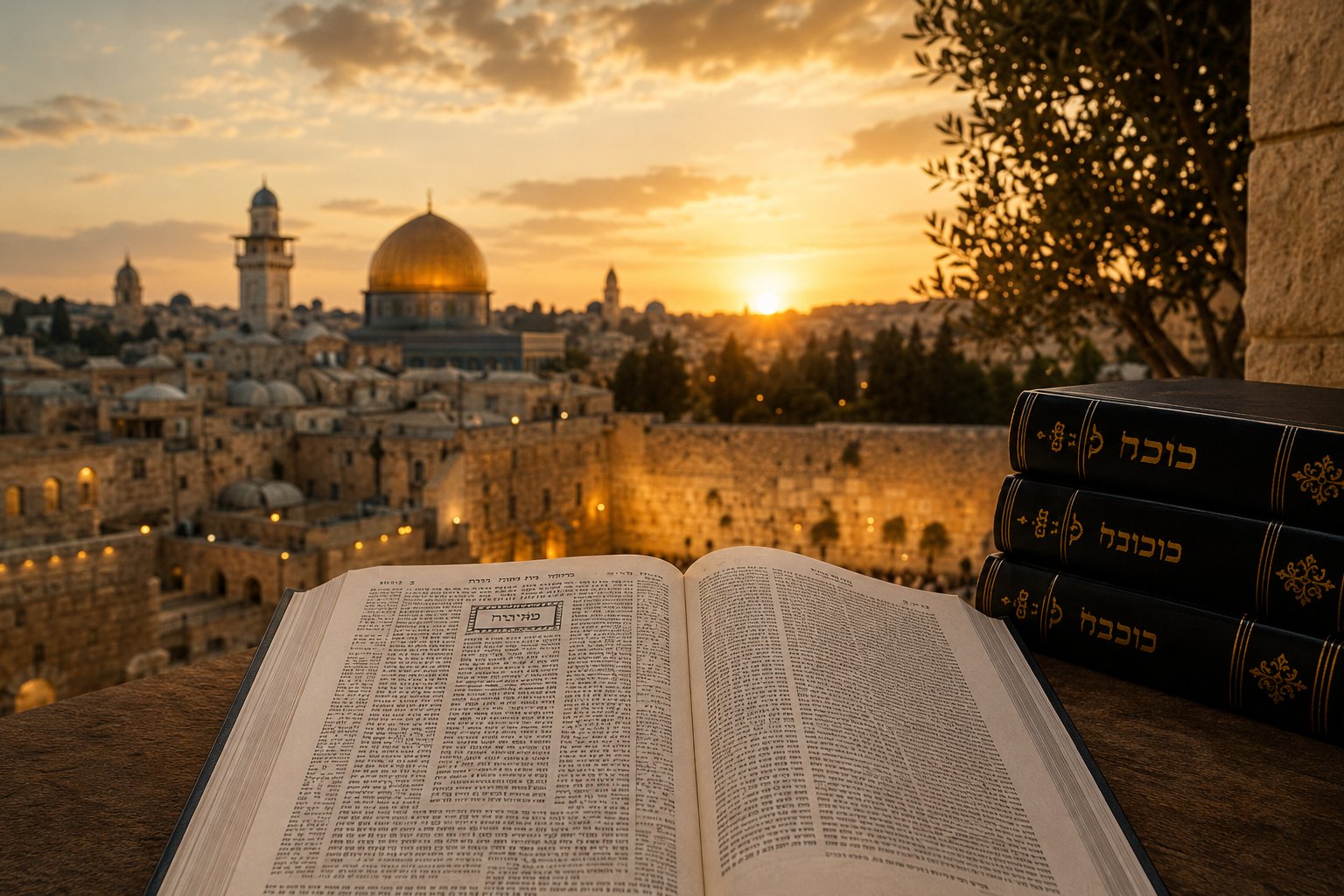 Yerushalayim at sunset with open Gemara